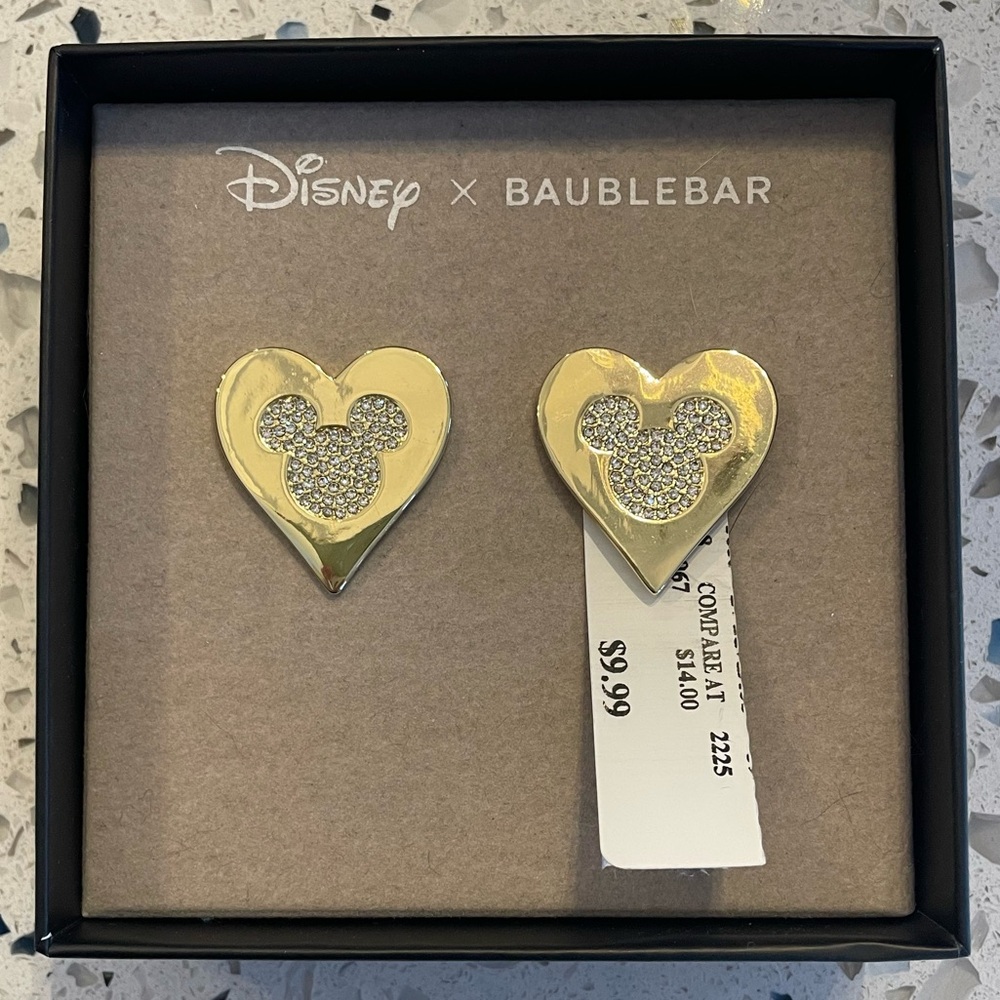 NWT Disney x BaubleBar Gold-tone Heart Earrings with Sparkly Mickey Silhouette